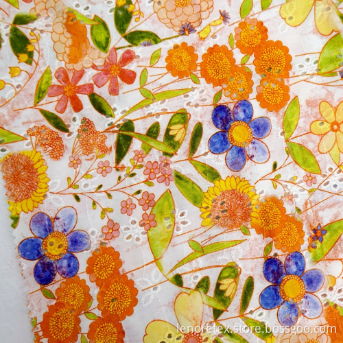 Cotton Woven Poplin Flower Printed Cutwork Embroidery Fabric